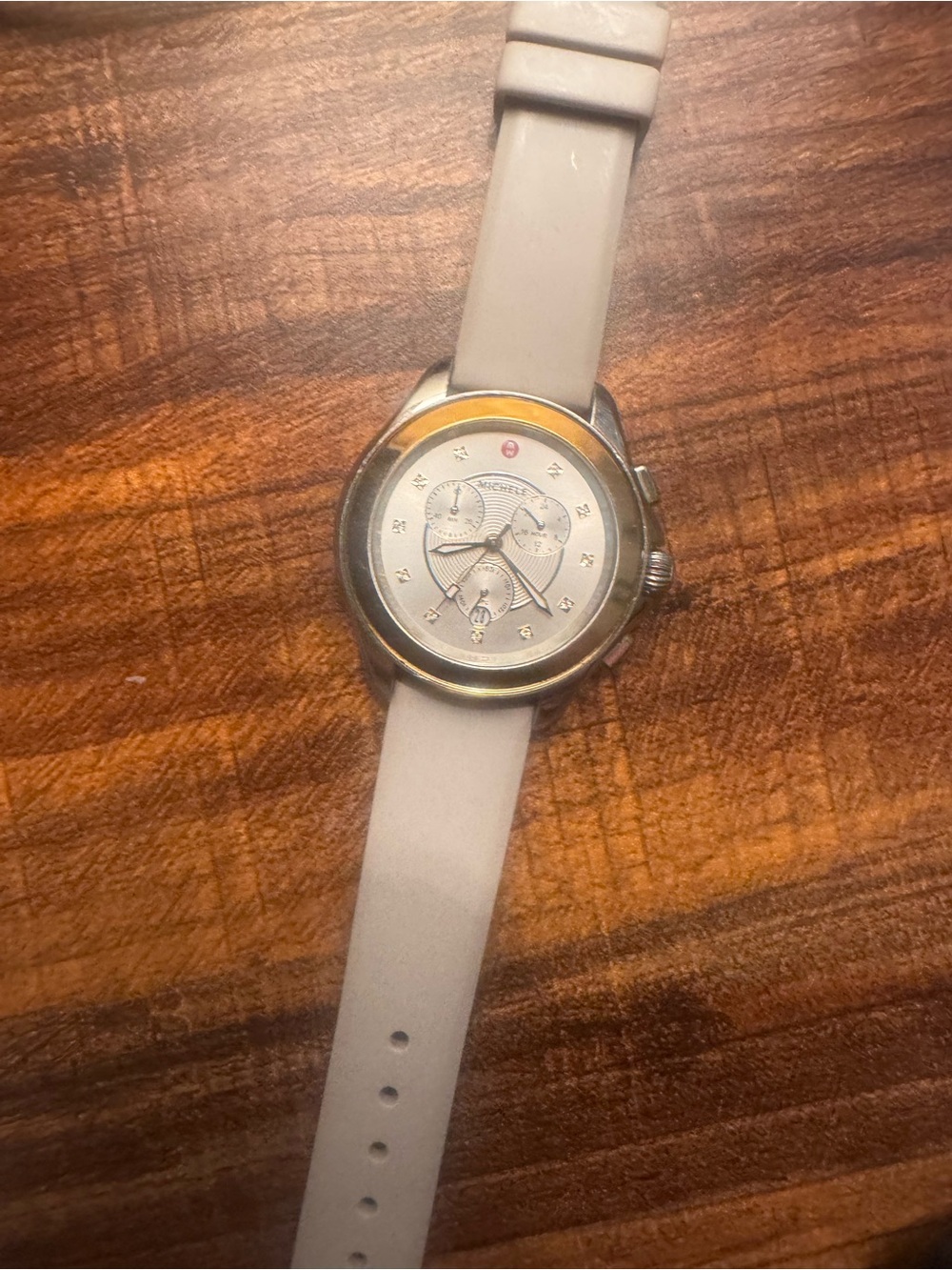 Michele Cape Wheat Silicone Strap Watch with Silver Case and Gold Bezel